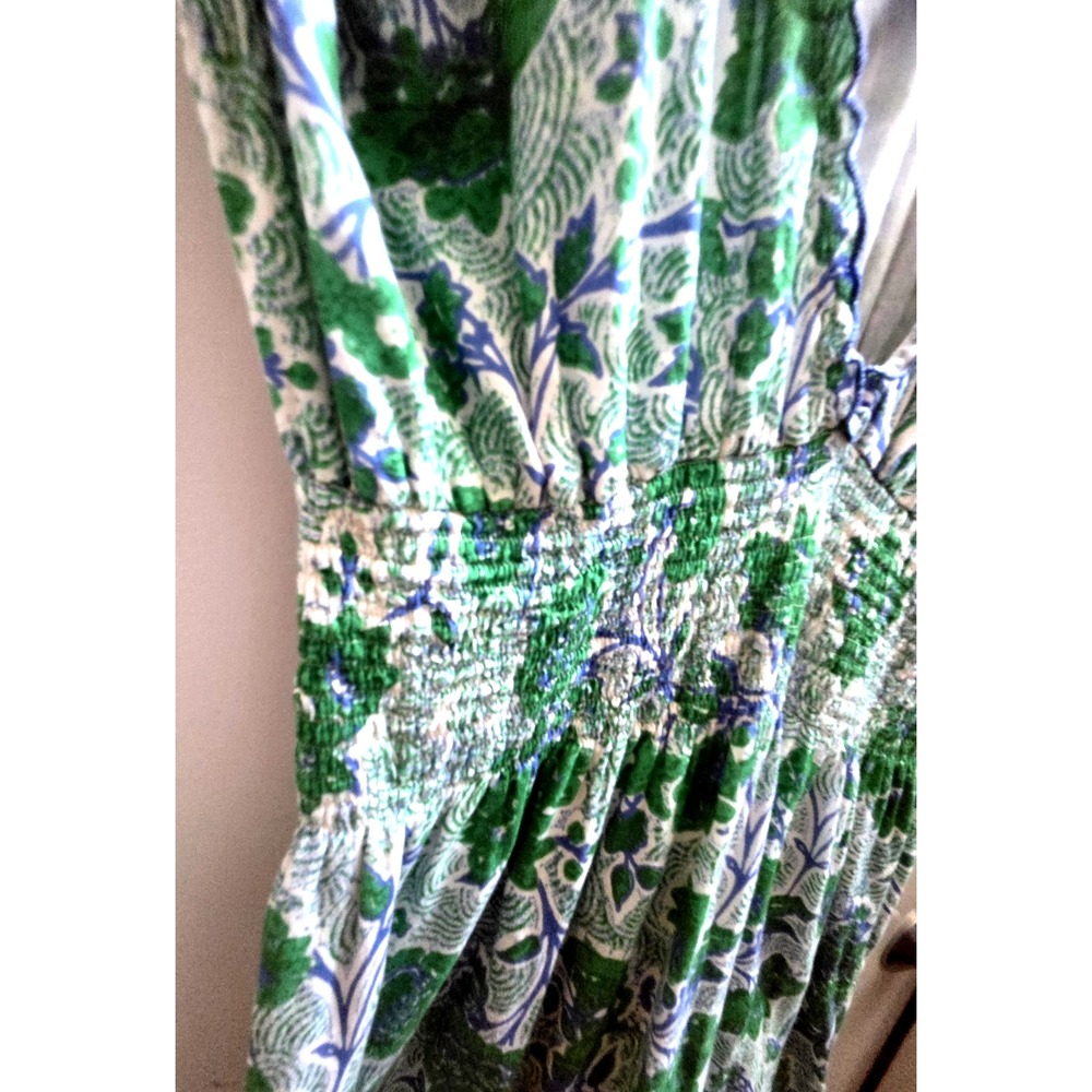 Anthropologie RO'S GARDEN XL Hilda Maxi Dress Green/White Smocked Waist Deep-V - Picture 7 of 10